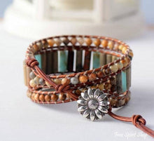 Load image into Gallery viewer, Natural Jasper Leather Wrap Sunflower Bracelet