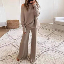 Load image into Gallery viewer, Women's Off Shoulder Knit Sweater Wide Leg Pants Lounge Set