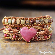 Load image into Gallery viewer, Rhodonite & Jasper Heart Wrap Bracelet, Boho Beaded Strap