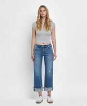 Load image into Gallery viewer, MID RISE RAW CUFFED HEM SLIM WIDE JEANS