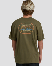 Load image into Gallery viewer, Person wearing a green Billabong t-shirt with a logo on the back against a white background