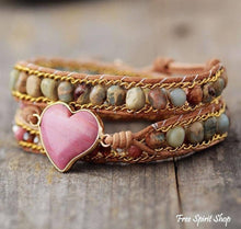 Load image into Gallery viewer, Rhodonite & Jasper Heart Wrap Bracelet, Boho Beaded Strap