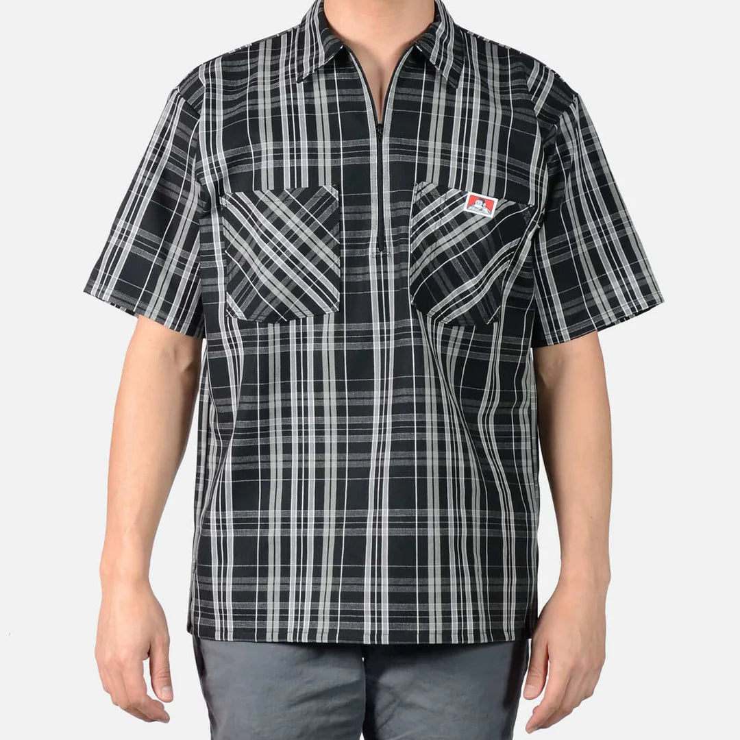 Short Sleeve Plaid 1/2 Zip Shirt - Black/White
