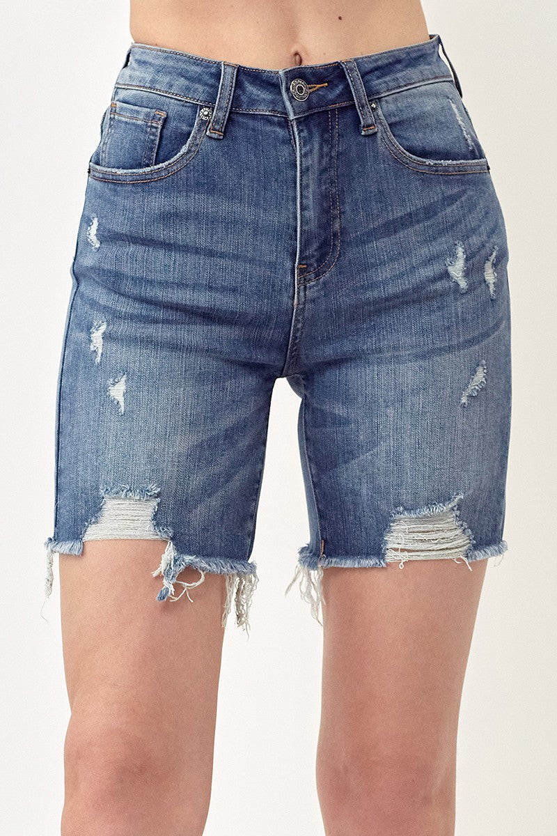 HIGH RISE DISTRESSED MID THIGH SHORTS