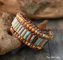 Load image into Gallery viewer, Natural Jasper Leather Wrap Sunflower Bracelet
