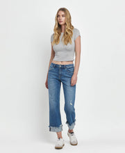 Load image into Gallery viewer, MID RISE RAW CUFFED HEM SLIM WIDE JEANS

