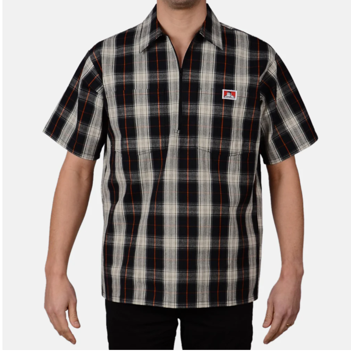 Short Sleve Plaid 1/2 Zip  Black/Cream