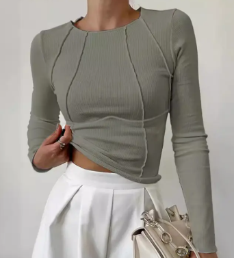 Solid Color Long Sleeve Round Neck T-Shirt