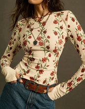 Load image into Gallery viewer, Retro Floral Print Knit Slim-Fit Soft Long-Sleeve T-Shirt
