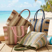 Load image into Gallery viewer, Natural Brown Multi Color Stripe Straw Tote Bag
