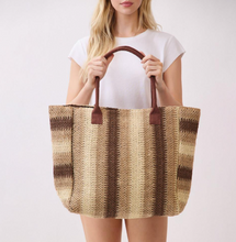 Load image into Gallery viewer, Natural Brown Multi Color Stripe Straw Tote Bag
