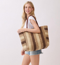 Load image into Gallery viewer, Natural Brown Multi Color Stripe Straw Tote Bag
