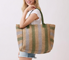 Load image into Gallery viewer, Natural Brown Multi Color Stripe Straw Tote Bag
