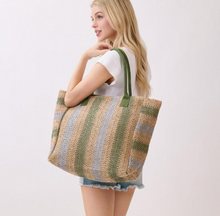 Load image into Gallery viewer, Natural Brown Multi Color Stripe Straw Tote Bag
