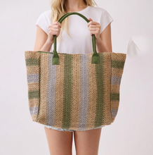 Load image into Gallery viewer, Natural Brown Multi Color Stripe Straw Tote Bag
