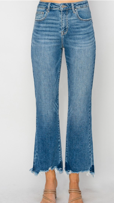 HIGH RISE CROP FLARE FRAY HEM JEANS