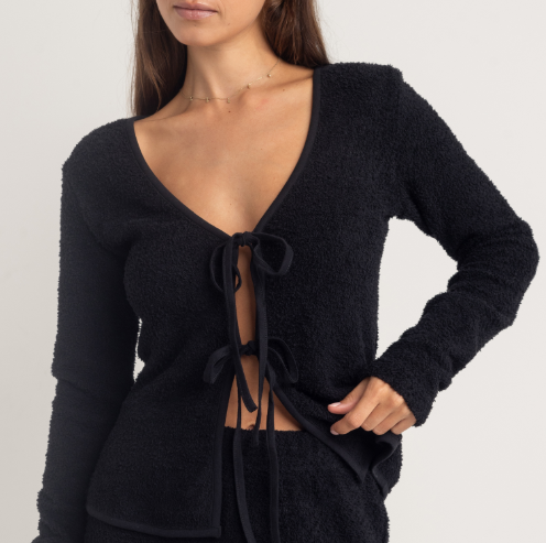 Sofia Boucle long sleeve tie front top Black