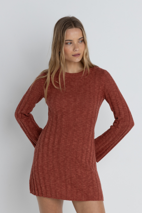 Empire long sleeve knit mini dress Red