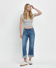 Load image into Gallery viewer, MID RISE RAW CUFFED HEM SLIM WIDE JEANS
