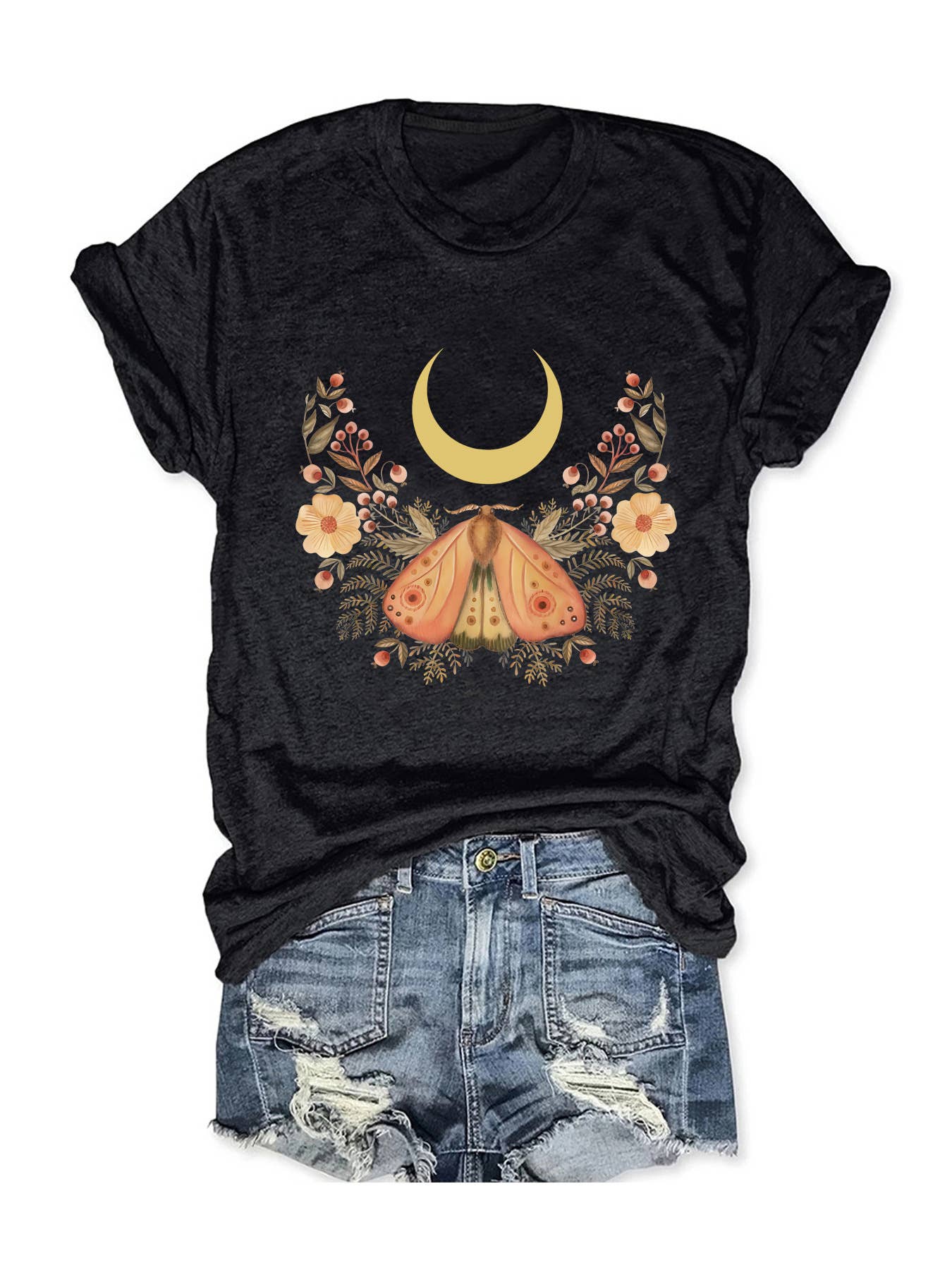 Waning crescent & wildflowers & moths graphic T-shirt